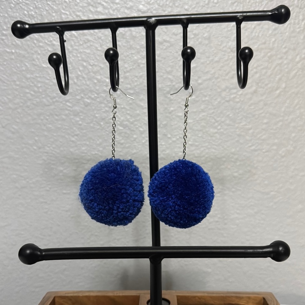 Blue Pom Pom Earrings
